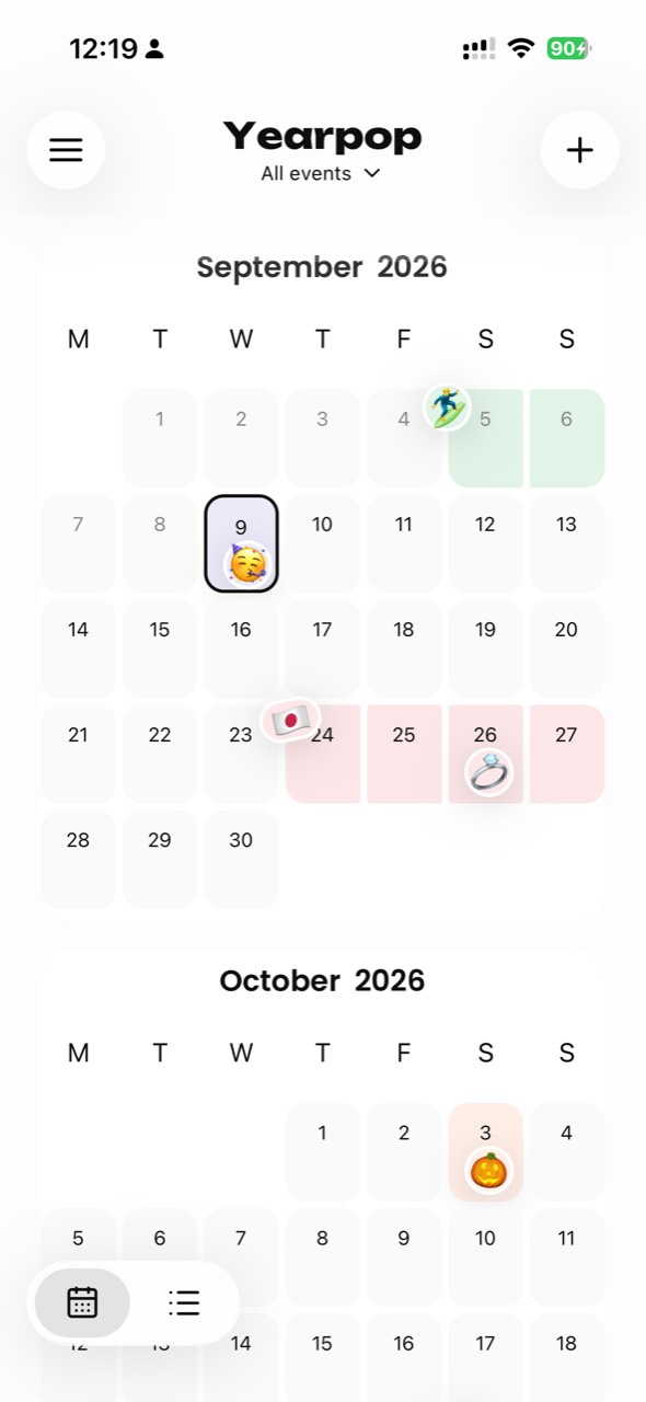 Yearpop showing a September and October calendar with travel, celebration, Japan, engagement, and Halloween events